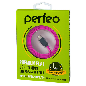 Кабель PERFEO для iPhone 5/6, USB - 8 PIN (Lightning), плоский кабель,розовый, длина 1 м.